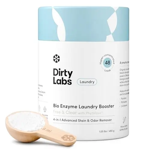 Dirty Labs Bio Enzyme Laundry Booster in a cardboard carton with wooden scoop