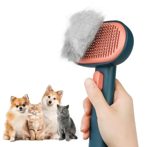Aumuca green self-cleaning pet brush with bent needles