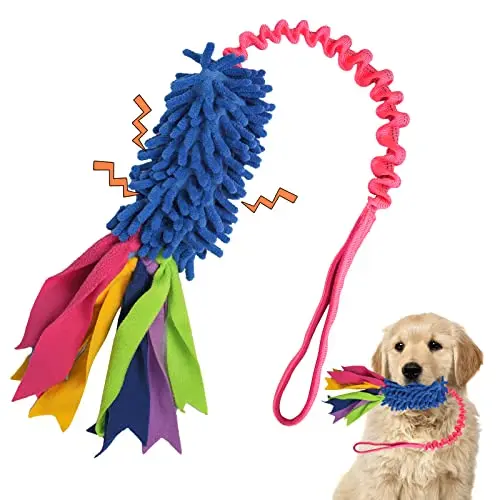 wodoca dog tug toy with blue chenille and red webbing handle, featuring a bungee cord and squeaker