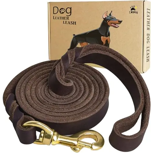 LWBMG brown braided leather dog leash with brass hook