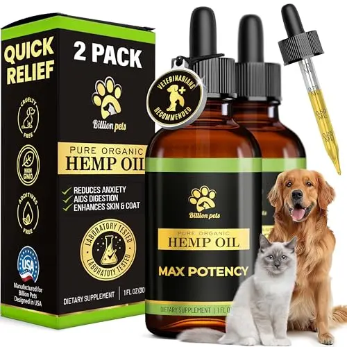Billion Pets hemp oil supplement for dogs and cats in a bottle