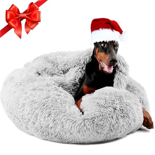 Himax donut dog bed in light grey with oversized blanket