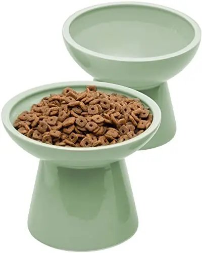 CEEFU set of two sage green elevated ceramic cat bowls, one shallow for food and one deeper for water.