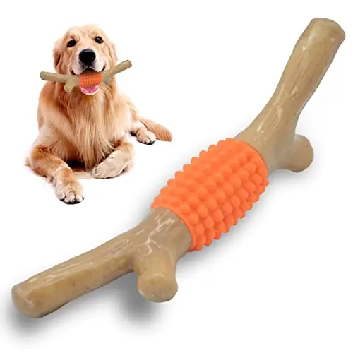 An orange nylon chew stick with rubber nubs for dog dental care.