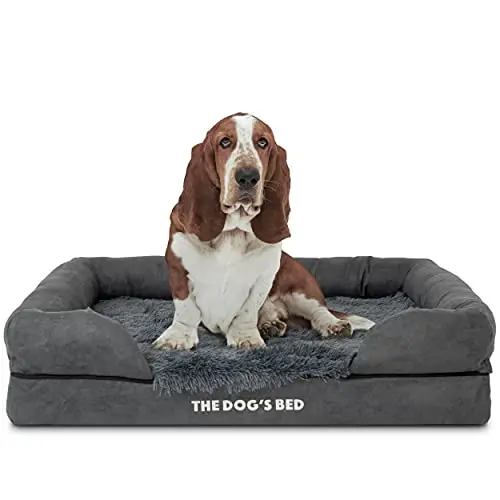 The Dogs Bed Orthopedic Memory Foam Dog Bed with grey fur fabric and bolsters for large dogs
