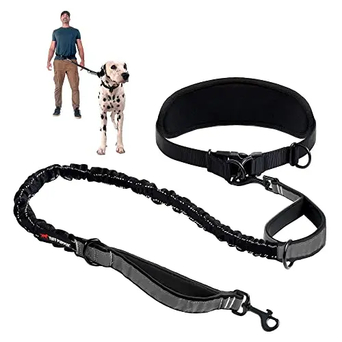 Tuff Pupper heavy-duty hands-free dog leash in black with thick padded lumbar belt and dual bungee sections