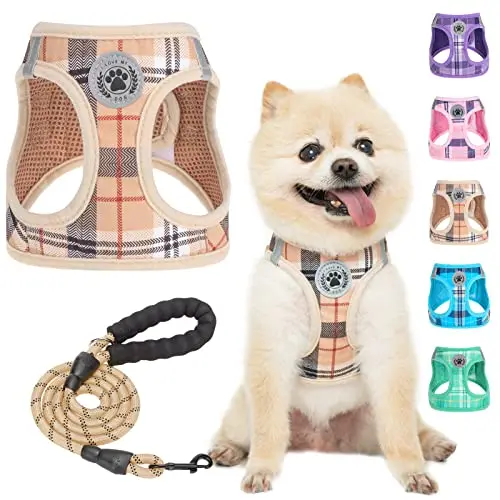 BEAUTYZOO plaid mesh dog harness and leash set in beige
