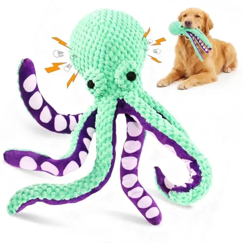 Fuufome large squeaky plush dog toy in green octopus design