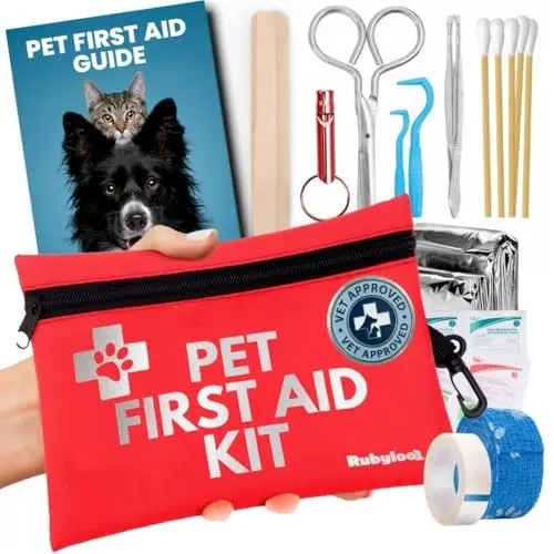 Rubyloo red compact dog first aid kit open showing vet-approved supplies