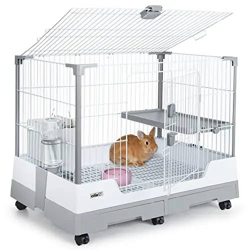 OIIBO grey metal rabbit cage with pull-out trays and wheels
