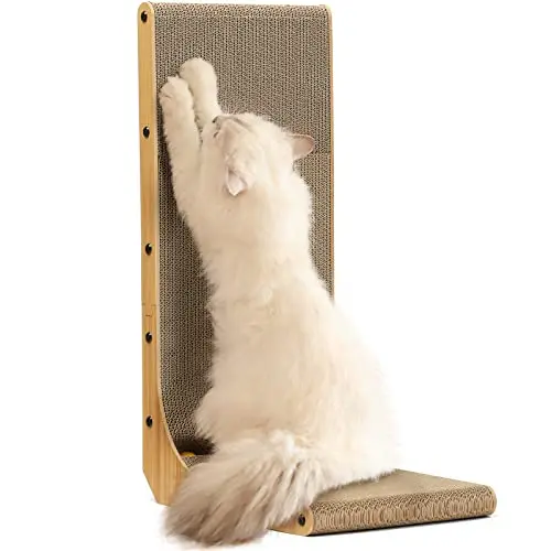 FUKUMARU L-shaped beige cardboard cat scratcher with ball toy