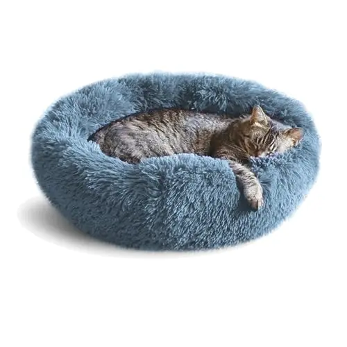 Whiskers & Friends navy grey round plush orthopedic cat bed