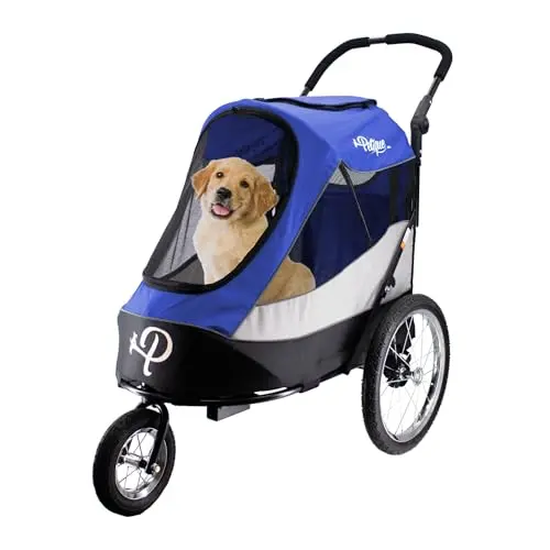 PETIQUE Trailblazer blue pet jogger with shock-absorbing bike wheels.