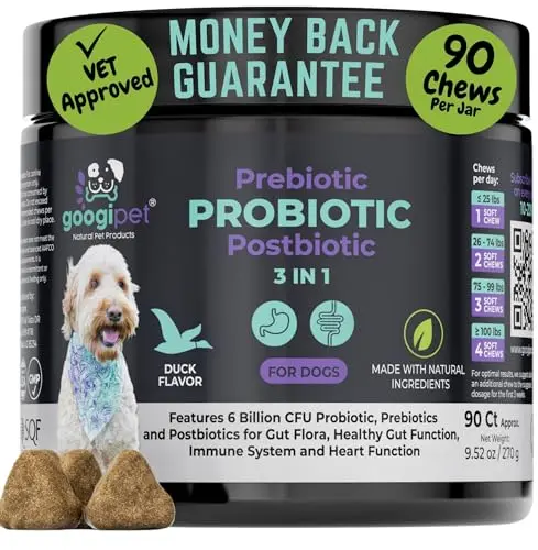 Googipet Dog Probiotic Chews in a jar with a duck on the label