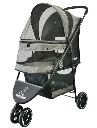 ROODO lightweight foldable pet stroller in cationic ash color with three wheels.