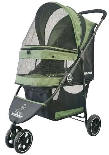 ROODO lightweight green 3-wheel pet stroller in a folded and unfolded state