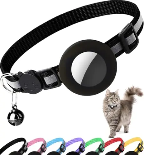 DGERP black reflective cat collar with breakaway buckle and AirTag case