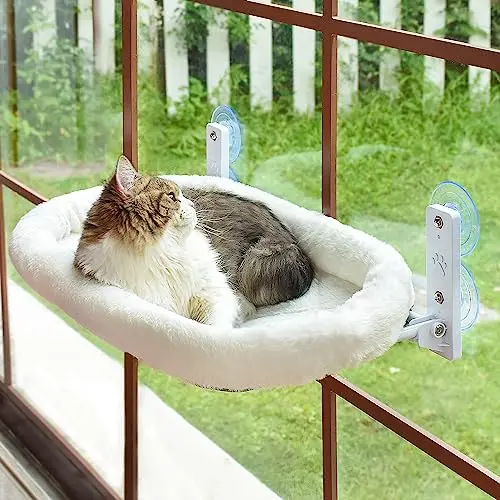 AMOSIJOY white cordless cat hammock with a fluffy bed and four suction cups