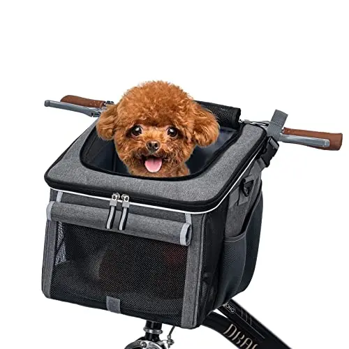 BABEYER dog bike basket in grey, showing mesh top opening and fleece pad