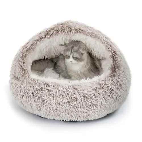CATISM plush hooded cat bed with non-slip bottom for senior cats
