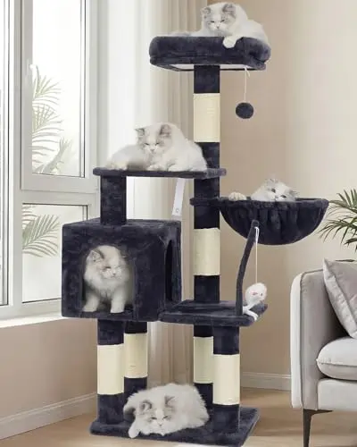 Heybly smoky gray cat tree with padded perch and hammock