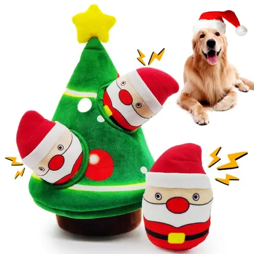 lilfrd green burrow Christmas tree plush toy with three small Santa squeaky toys