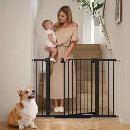 Mumeasy extra wide black baby gate pressure mounted in a wide doorway