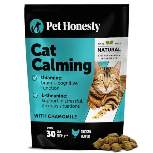 Pet Honesty Calming Chews for Cats in a jar with chicken-flavored chews