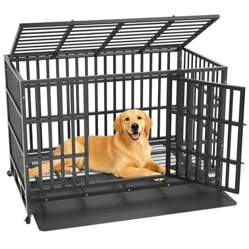 Hiwokk 48-inch heavy-duty dog crate with double doors and removable tray