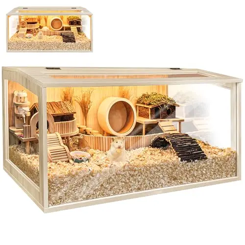 PROLEE oak-colored wooden hamster cage with liftable roof and acrylic panel