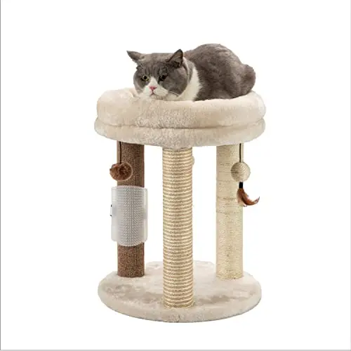 MECOOL 4-in-1 cat tree with scratching posts, hanging toys, and a soft bed