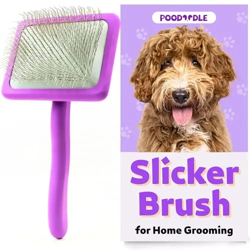 Poodoodle purple slicker brush with air-cushioned pad and wood handle