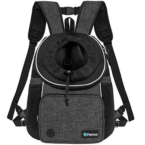 PetAmi dark grey expandable dog chest carrier backpack worn on the front