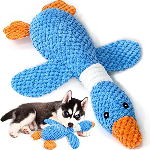 VITSCAN blue goose-shaped plush dog toy with pineapple plaid pattern