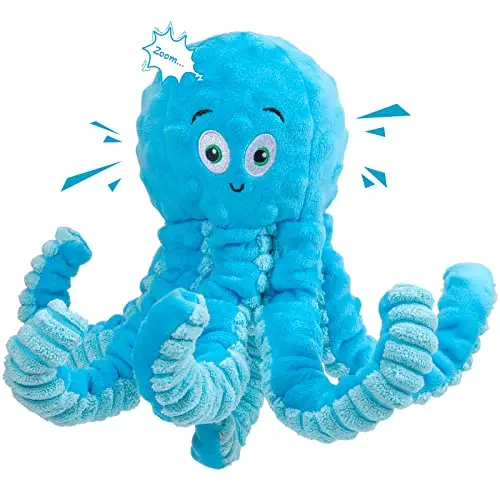 Pubialo blue octopus plush dog toy with elastic legs for tug-of-war