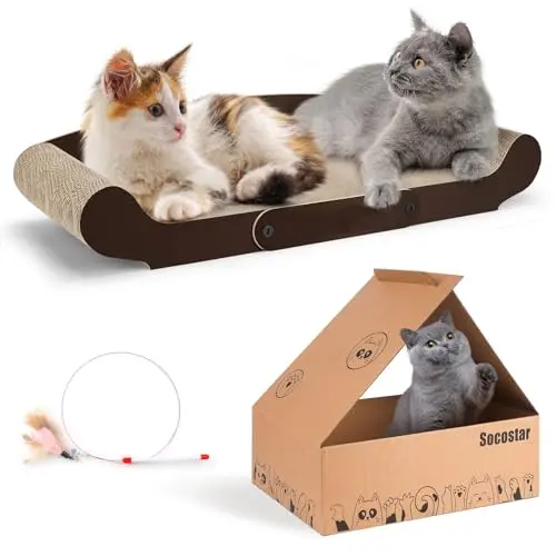 SOCOSTAR extra-large brown cardboard cat scratcher sofa with a cat teaser wand
