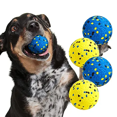 Set of four blue and yellow Kimee durable dog balls
