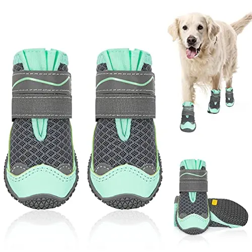 SlowTon dog boots with green mesh and reflective straps