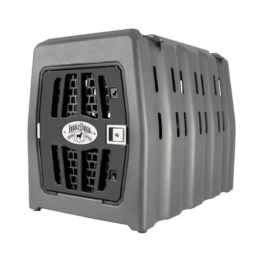 Lucky Duck crash-tested dog kennel in storm grey, showing tie-down points and secure door.