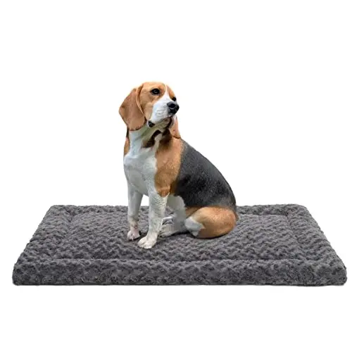 Exsnugy grey deluxe plush dog bed mat with moderate thickness on a hardwood floor.