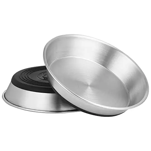 WROSWT set of two wide, shallow stainless steel cat bowls with removable silicone bottoms.