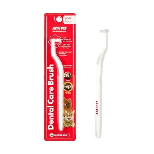 JAYU PET dental care brush with an S-curved handle and a horizontal brush head.