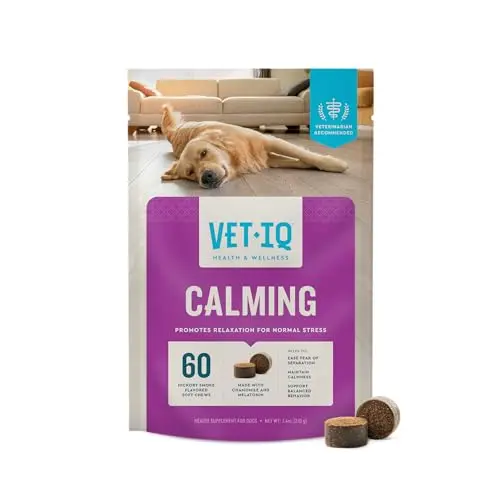 VetIQ Calming Support dog chews in a blue package with hickory smoke flavor