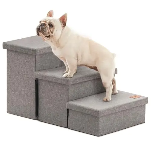 Love's cabin foldable grey dog stairs with storage, placed by a couch.
