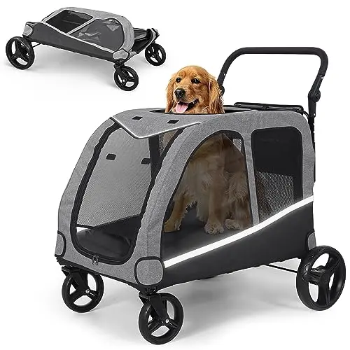 Saudism dog stroller with transparent windows and reflective strips