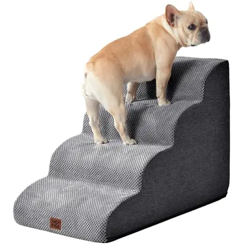 EHEYCIGA grey curved foam dog stairs placed against a bed