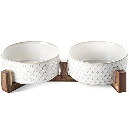 LE TAUCI ceramic dog bowl set with acacia wood stand in fireworks and clover pattern