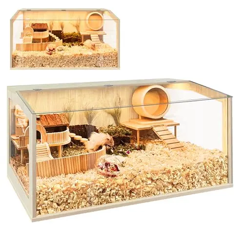 PROLEE 32-inch oak wooden hamster cage with acrylic panels