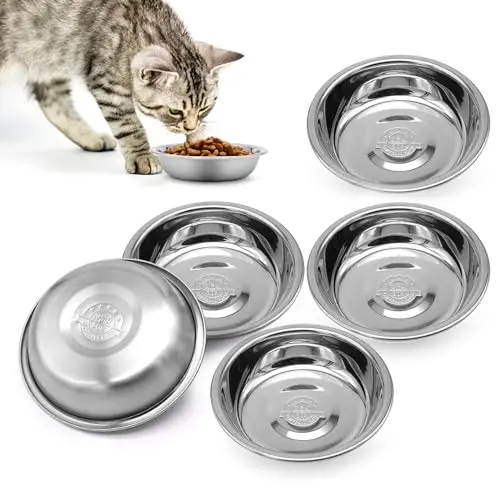 MICOSIM set of five shallow stainless steel cat bowls stacked together.