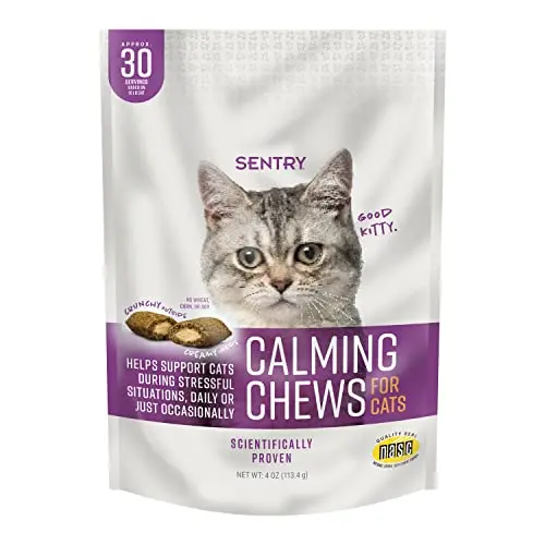 Sentry Calming Chews for Cats in a brown package with crunchy chews